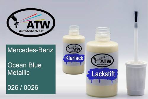 Mercedes-Benz, Ocean Blue Metallic, 026 / 0026: 20ml Lackstift + 20ml Klarlack - Set, von ATW Autoteile West.